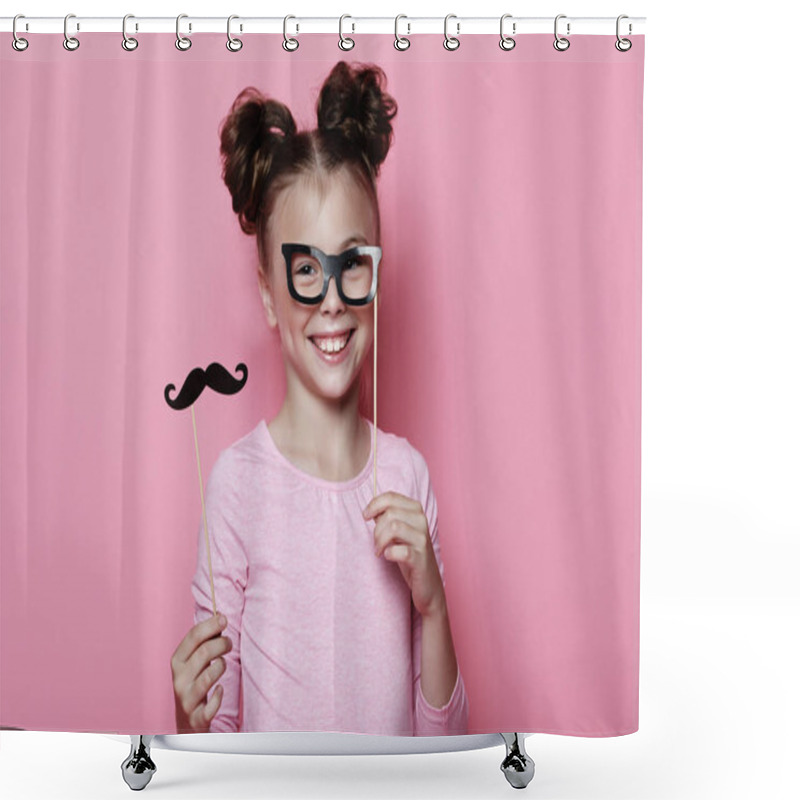 Personality  Girl Pose With Photo Booth Props Glasses And Mustache. Shower Curtains