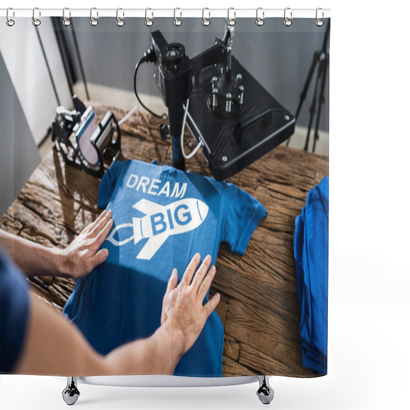 Personality  Man Printing On T Shirt In Workshop Shower Curtains