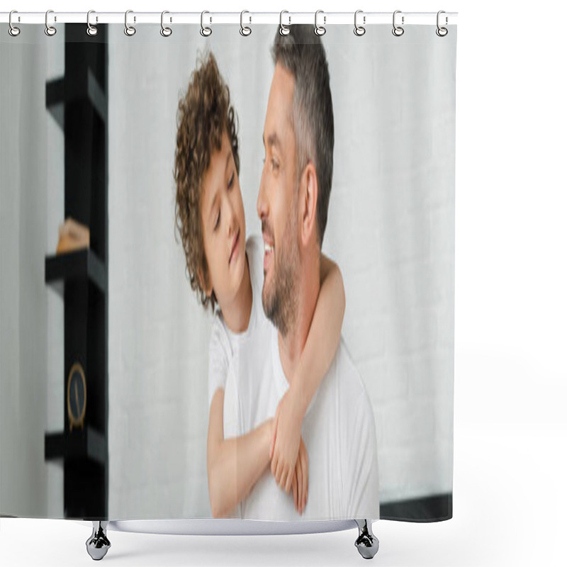 Personality  Panoramic Shot Of Curly Son Hugging Happy Bearded Father In Bedroom  Shower Curtains