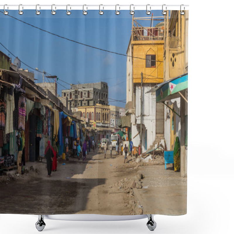 Personality  DJIBOUTI, DJIBOUTI - APRIL 17, 2019: View Of A Street In The African Quarter Of Djibouti, Capital Of Djibouti. Shower Curtains