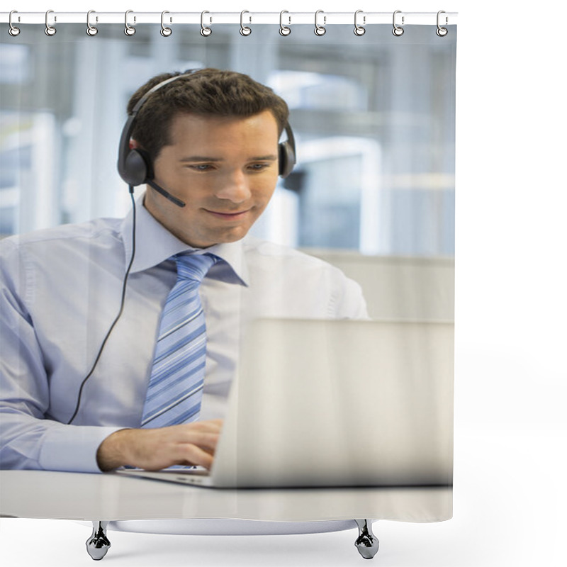 Personality  Businessman With Headset Working On Laptop  Shower Curtains