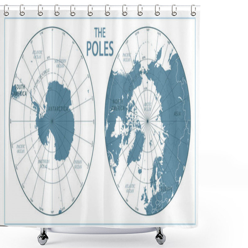 Personality  The Poles - North Pole And South Pole - Vector Detailed Illustration. Gray And White Shower Curtains