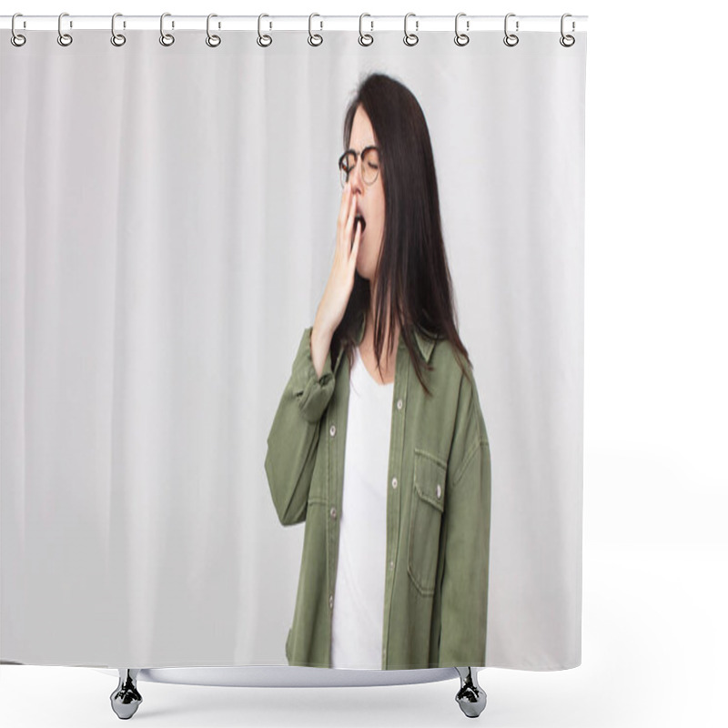 Personality  Pretty Woman Yawning Lazily Early In The Morning, Waking And Looking Sleepy, Tired And Bored Shower Curtains