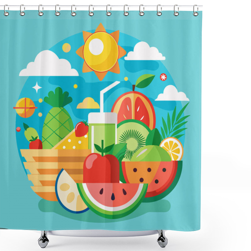 Personality  Summer Fresh Vector Art With Tropical Fruits And Beach Scene Shower Curtains