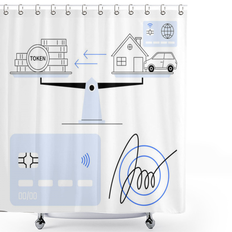 Personality  Scales Balancing Tokens With A House And Car, Credit Card, Signature, And Connectivity Icons. Ideal For Finance, Blockchain, Fintech, Payments, Real Estate Banking Abstract Line Flat Metaphor Shower Curtains