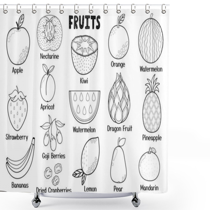 Personality  Black And White Fruits Collection. Healthy Food Isolated Elements. Great For Coloring Page, Recipes, Cookbook And Vegan Prints. Apple, Nectarine, Kiwi, Orange, Apricot And More. Vector Illustration Shower Curtains