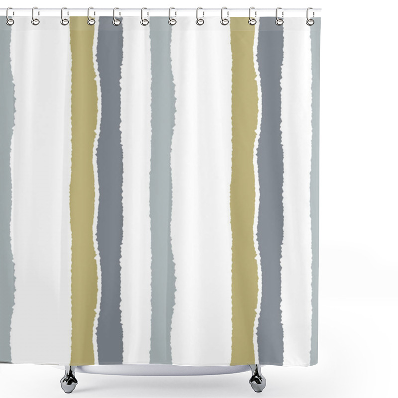 Personality  Striped Seamless Pattern. Vertical Wide Lines With Torn Paper Effect. Shred Edge Band Background. Gray, Gold, White Soft Colors. Vector Shower Curtains