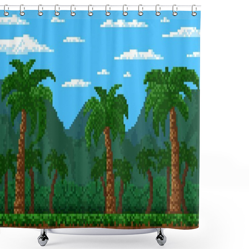 Personality  Jungle Forest 8 Bit Pixel Game Level Landscape With Palms, Vector Cartoon Background. 8bit Pixel Art Or Arcade Video Game Background Of Rainforest Palm Trees, Mountains Of Tropical Island Nature Shower Curtains