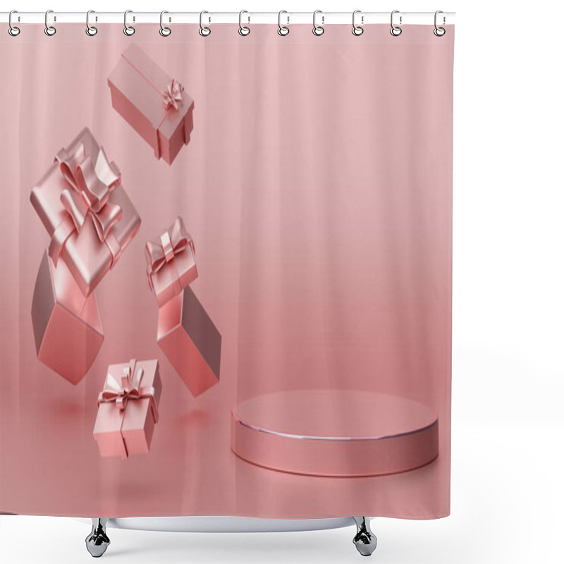 Personality  Podium Empty With Geometric Shapes In Pink Pastel Composition For Modern Stage Display And Minimalist Mockup ,abstract Showcase Background ,Concept 3d Illustration Or 3d Render Shower Curtains