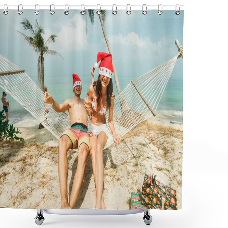 Personality  Couple Sitting On Hammock In Santa Hats Shower Curtains