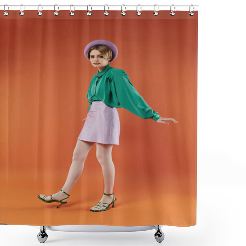 Personality  A Stylish Woman In A Green Blouse And Lavender Skirt Poses Playfully In A Vibrant Orange Studio. Shower Curtains