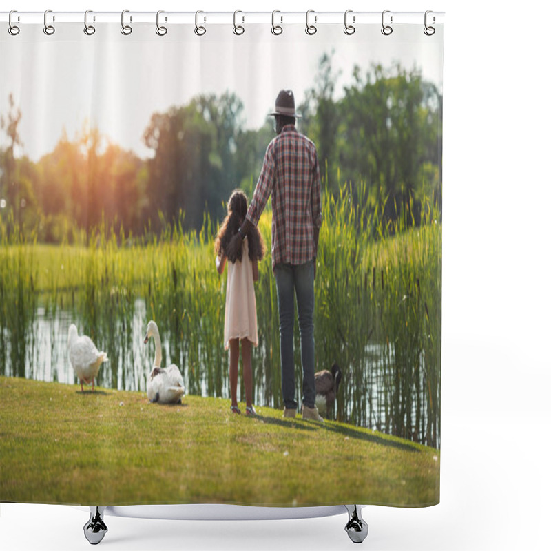 Personality  Granddaughter And Grandfather Feeding Geese  Shower Curtains