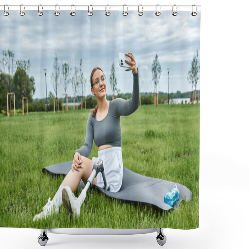 Personality  A Determined Woman Captures A Moment Outdoors, Showcasing Her Strength And Resilience While Exercising. Shower Curtains