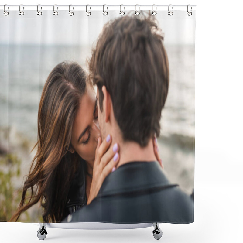 Personality  Selective Focus Of Young Woman Kissing Boyfriend On Sea Coast  Shower Curtains