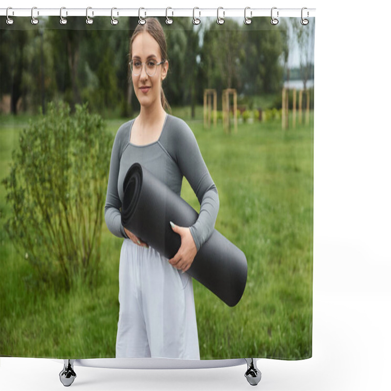 Personality  A Young Woman Embraces Outdoor Fitness, Carrying Her Mat Amidst Greenery. Shower Curtains