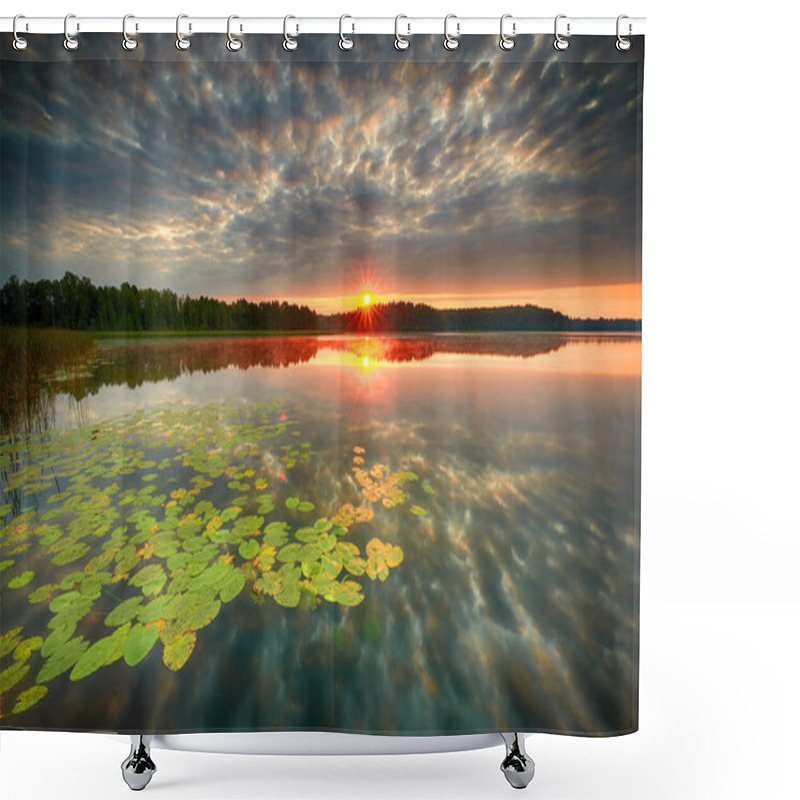 Personality  Beautiful Sunrise Over Lake Covered With Water Lily Shower Curtains