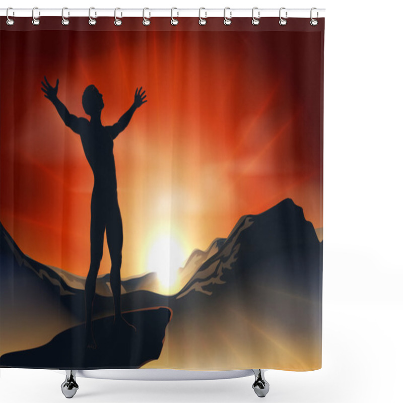 Personality  Man On Mountaintop With Arms Out Shower Curtains