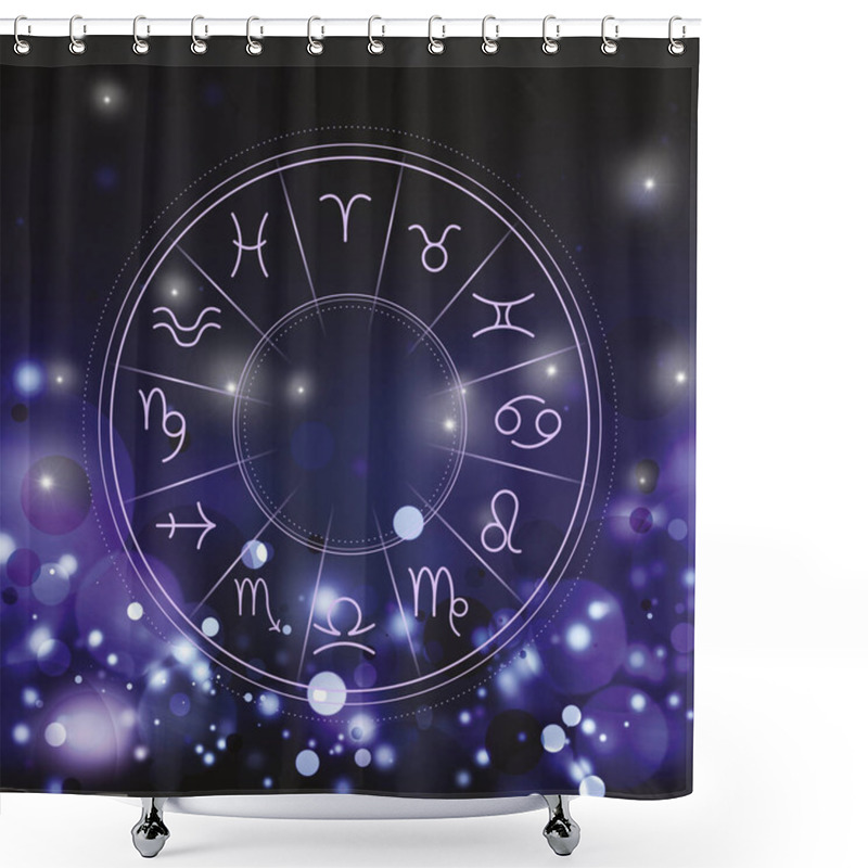 Personality  Illustration Of Zodiac Wheel With Astrological Signs On Dark Background. Bokeh Effect Shower Curtains