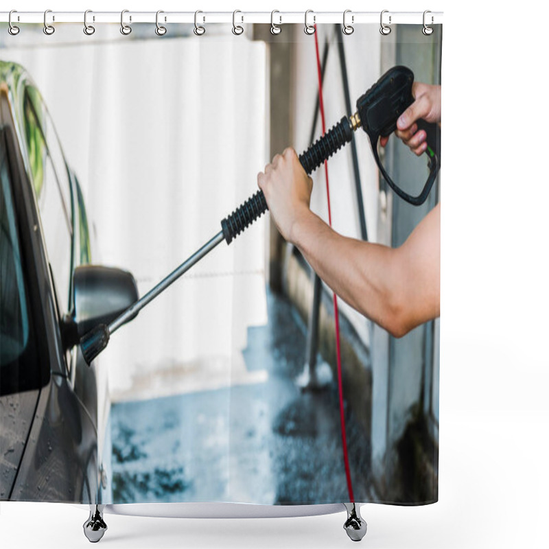 Personality  Cropped View Of Man Washing Grey Auto Outside  Shower Curtains