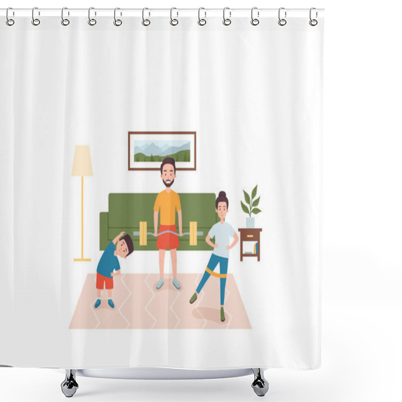 Personality  Happy Family Doing Sport Exercises At Home, Flat Vector Illustration Isolated. Shower Curtains