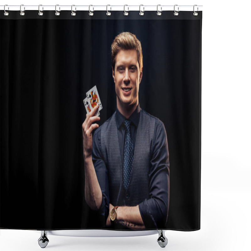 Personality  KYIV, UKRAINE - AUGUST 20, 2019: Cheerful Man Holding Playing Cards Isolated On Black  Shower Curtains