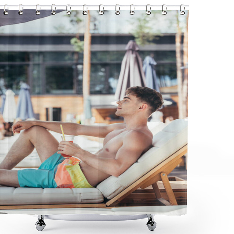 Personality  Dreamy Young Man Looking Away While Relaxing On Chaise Lounge With Glass Of Refreshing Drink Shower Curtains