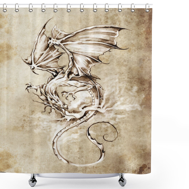 Personality  Sketch Of Tattoo Art, Classic Dragon Illustration Shower Curtains