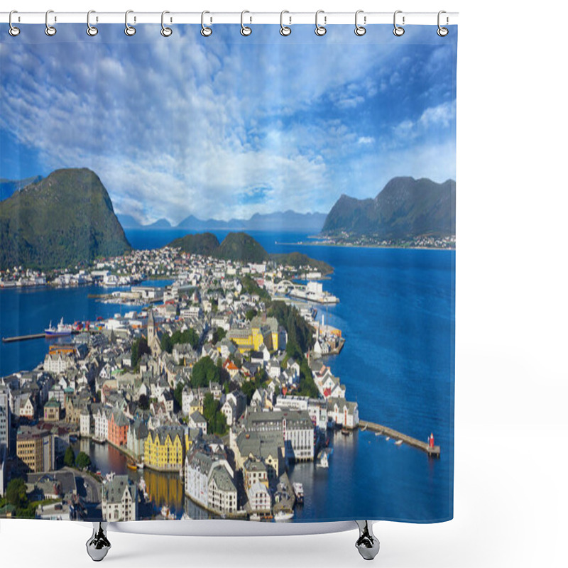 Personality  Alesund, Norway - Panoramic View On Center Of Cruise Port Alesun Shower Curtains