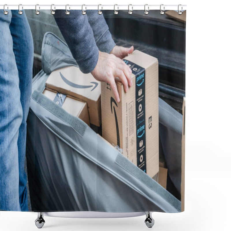 Personality  Berlin, Germany - January 27, 2020: Cropped Shot Of An Amazon Prime Delivery Agent During His Work Shift. Amazon Is An American Electronic Online Commerce Company Shower Curtains