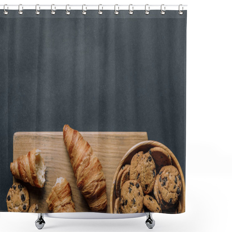 Personality  Flat Lay With Croissants And Cookies With Chocolate Pieces In Bowl On Black Table Shower Curtains