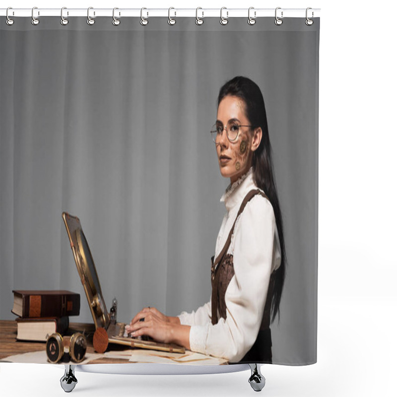 Personality  Attractive Steampunk Woman Using Laptop At Workplace Isolated On Grey Shower Curtains