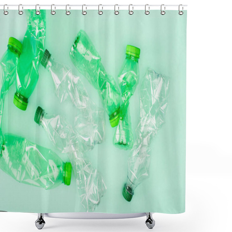 Personality  Top View Of Crumpled Plastic Bottles On Green Background, Ecology Concept Shower Curtains