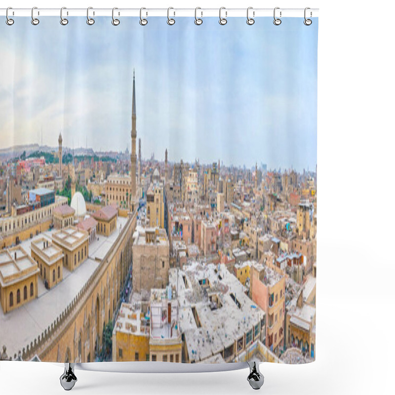 Personality  Panorama Of Islamic Cairo With Ramshackle Houses, Tall Minarets And Huge Al-Hussein Mosque On The Foreground, Egypt Shower Curtains