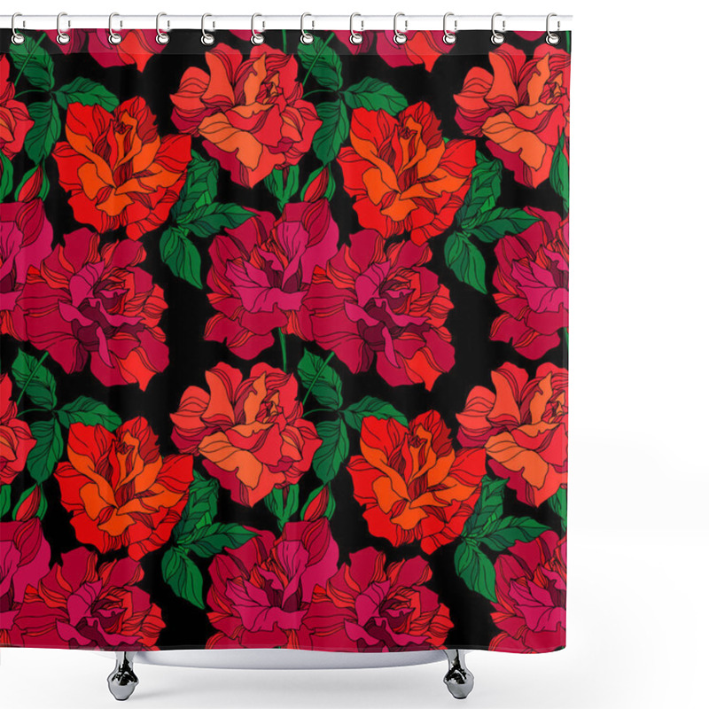 Personality  Vector Rose Floral Botanical Flowers. Green And Red Engraved Ink Art. Seamless Background Pattern. Shower Curtains