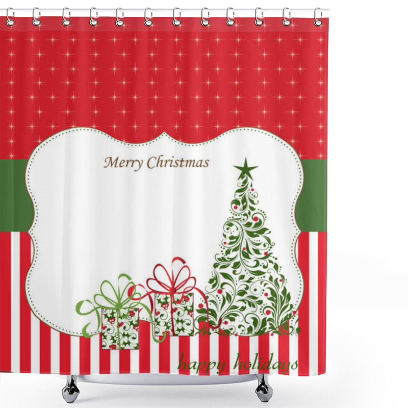 Personality  Christmas Greeting Card With Fir Tree And Gifts Shower Curtains