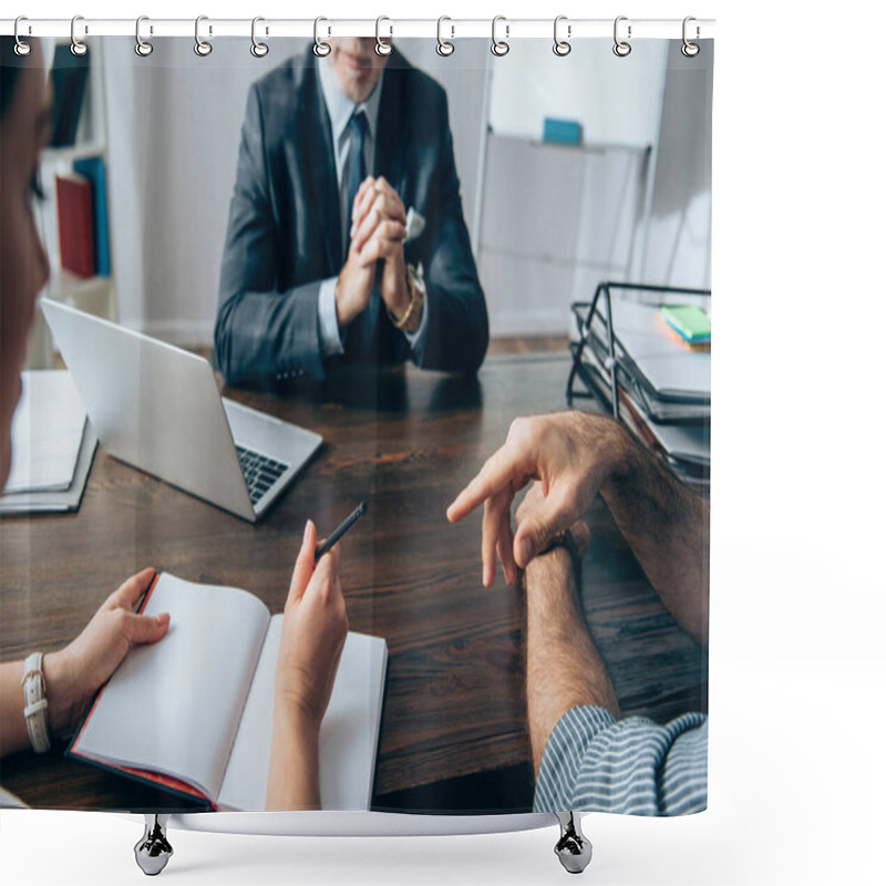 Personality  Businessman Pointing With Finger Near Colleague With Pen, Notebook And Investor On Blurred Background In Office  Shower Curtains