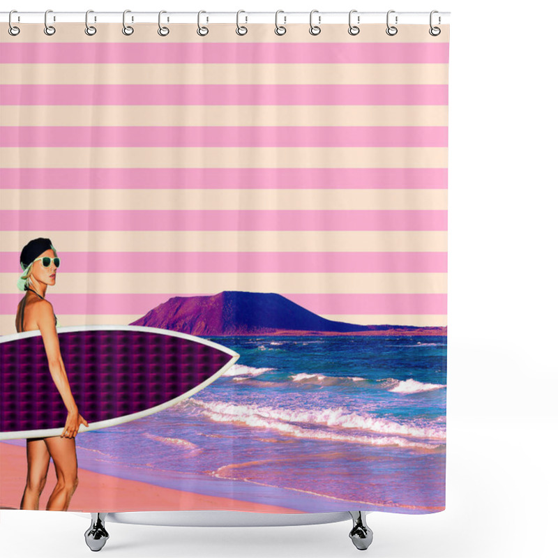 Personality  Girl Surfing Creative Collage Art. Nature And Geometry Mix. Shower Curtains