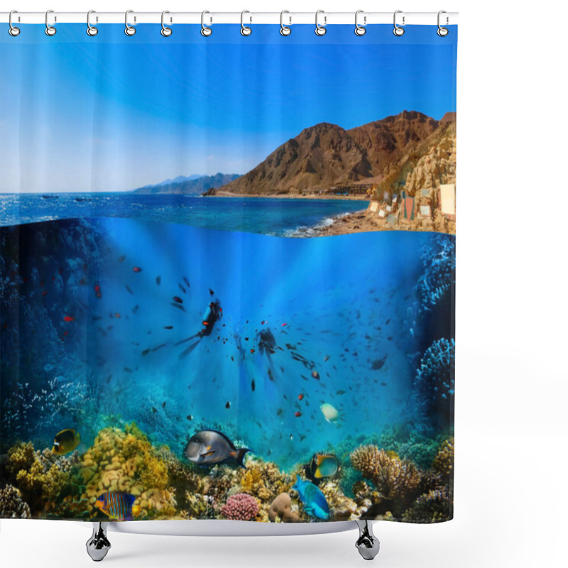 Personality  Scuba Diver Over Underwater Canyon At Blue Hole At Dahab, Egypt. Collage With Coral And Fish Shower Curtains