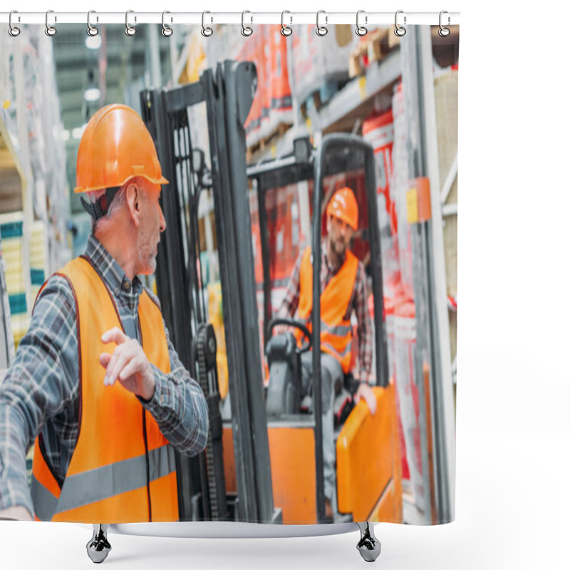 Personality  Male Worker And His Colleague Working With Forklift Machine In Storehouse Shower Curtains