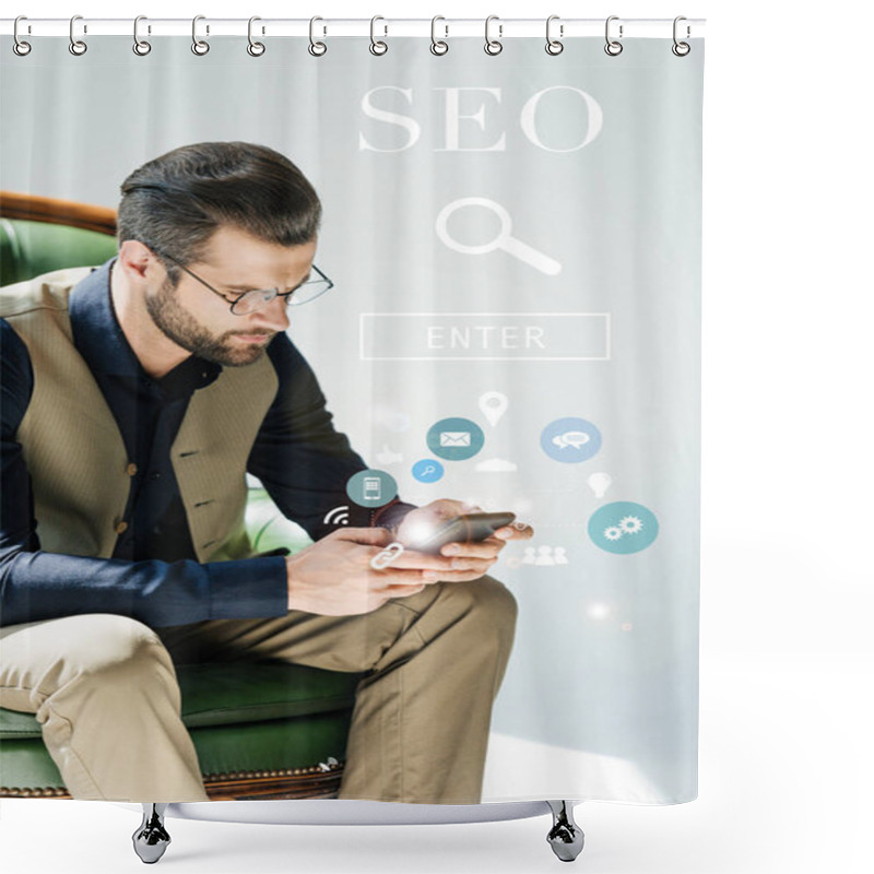 Personality  Stylish Bearded Developer Using Smartphone, With SEO Search And Icons Shower Curtains