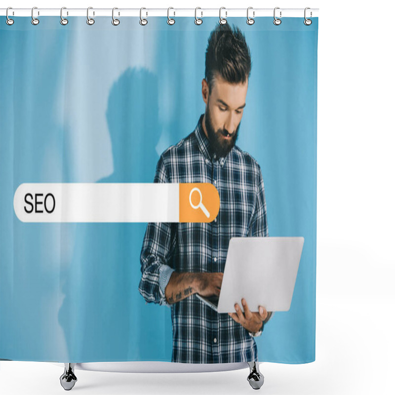 Personality  Bearded Developer Using Laptop, On Blue With SEO Search Bar Shower Curtains