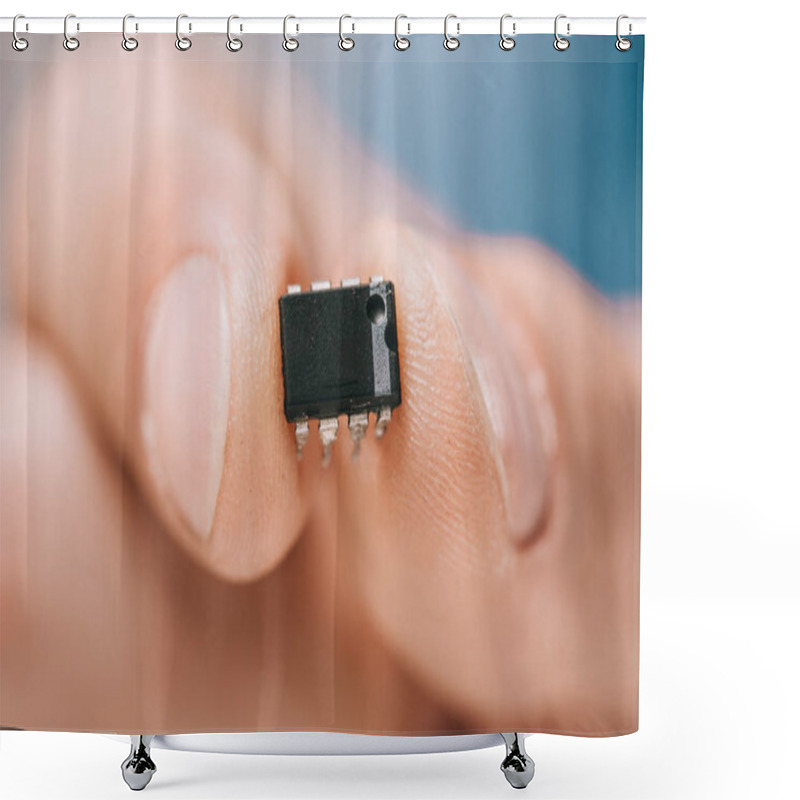 Personality  Selective Focus Man Showing Black, Metallic Microchip  Shower Curtains