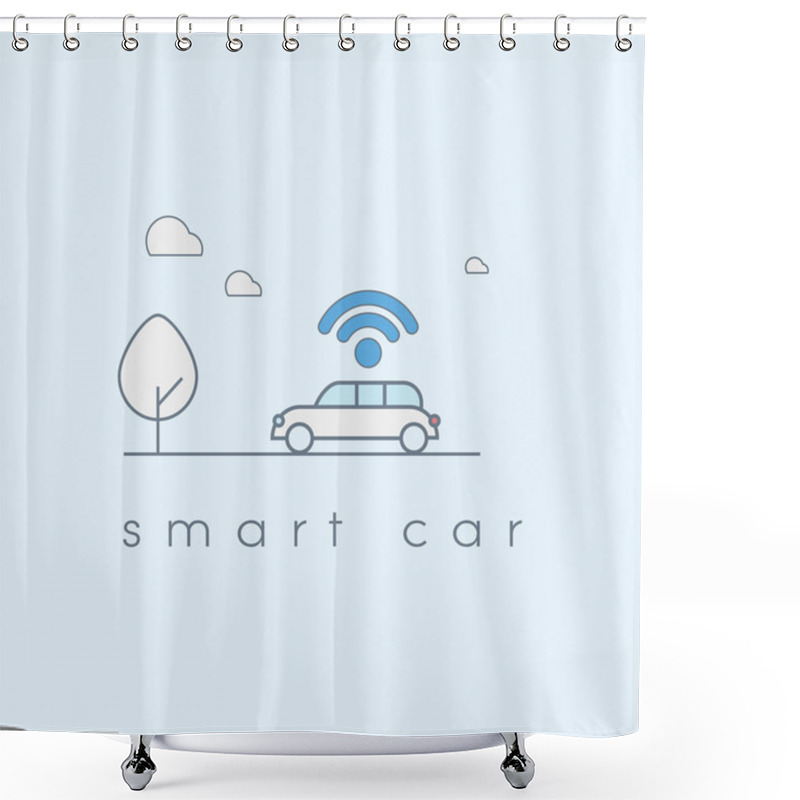 Personality  Smart Car Line Art Icon With Wifi Symbol. Future Transportation Technology Concept. Shower Curtains