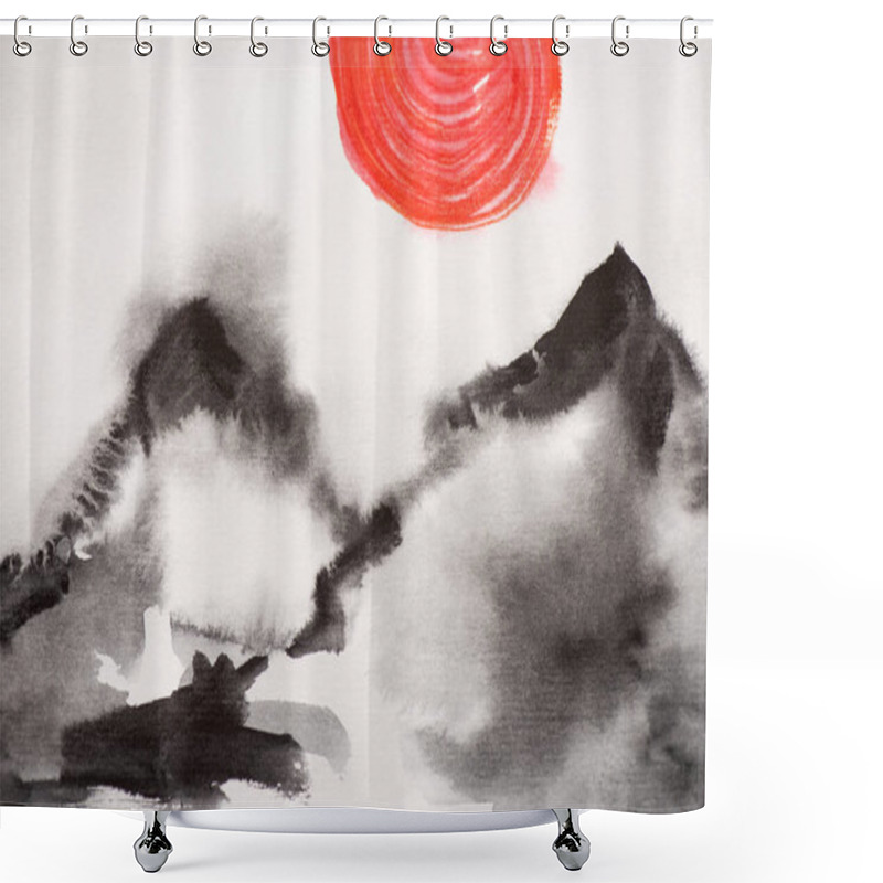 Personality  Japanese Painting With Hills And Red Sun On White Background Shower Curtains