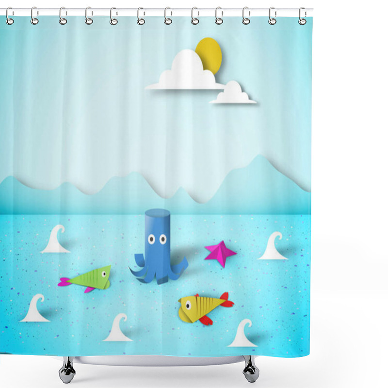 Personality  Paper Origami Fish, Octopus, Childish Creative Elements, Artistic Summer Composition, Unusual Made Template With Style Symbols For Banner, Card, Poster, Cut Seascape World, Eps10 Vector Illustration - Vector Shower Curtains