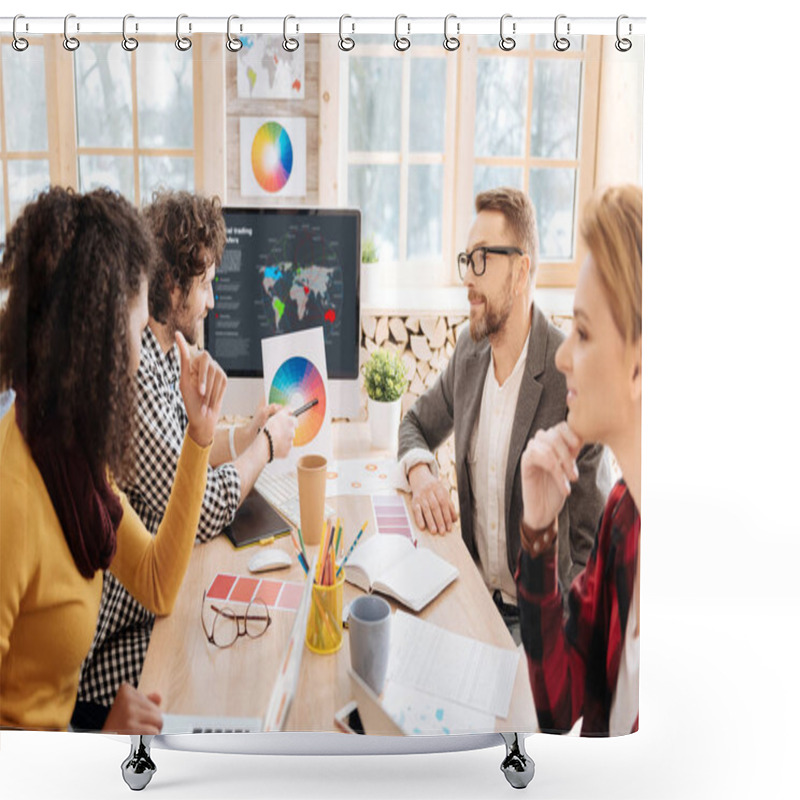 Personality  Determined Workers Discussing Work In The Office Shower Curtains