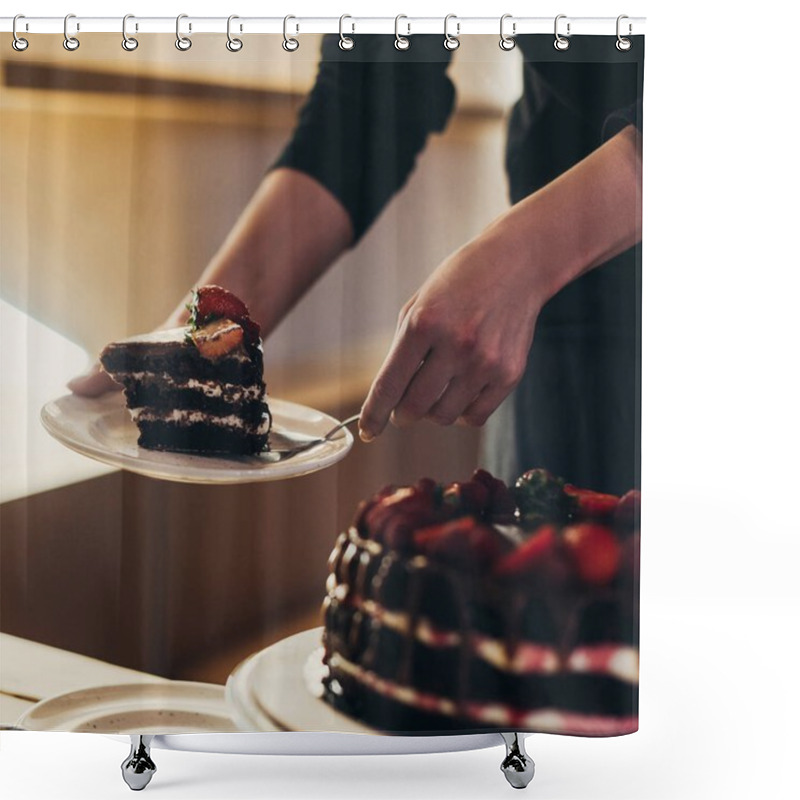 Personality  Woman Putting Piece Of Cake On Plate Shower Curtains