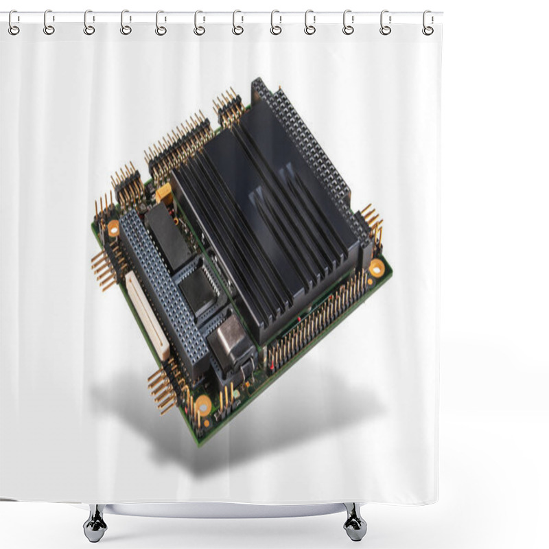 Personality  Close-up Of An Embedded PC/104+ CPU Module With Integrated Chips And Connectors, Isolated On A White Background. Shower Curtains