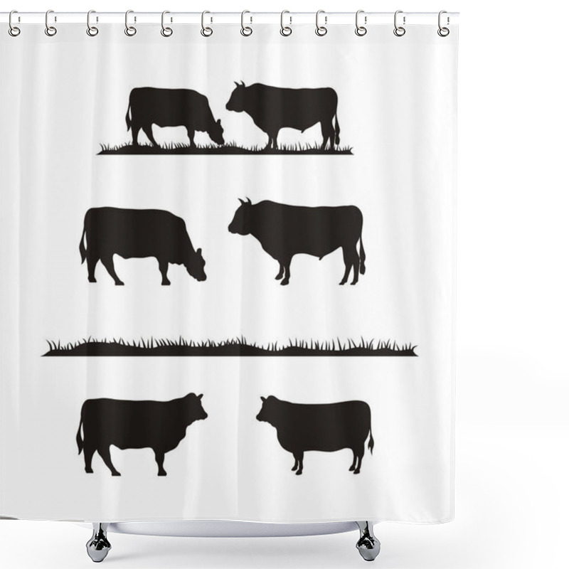 Personality  Vintage Cattle Angus Cow & Grass Silhouette Livestock Farm Logo Design Vector Illustration Set Shower Curtains