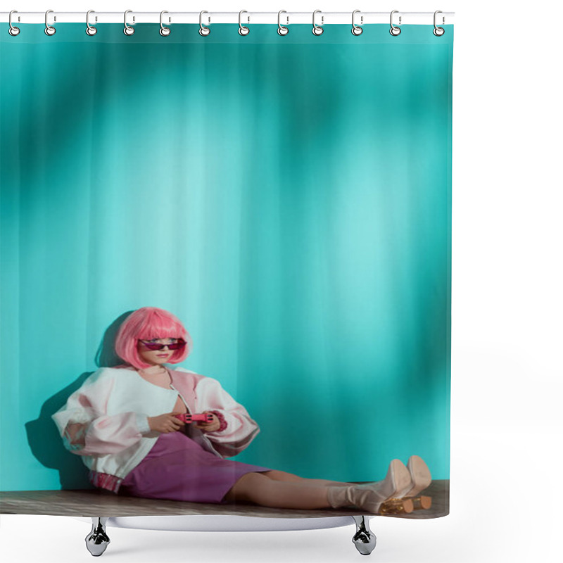 Personality  Full Length View Of Fashionable Young Female Model In Bright Wig Playing With Pink Gamepad Shower Curtains